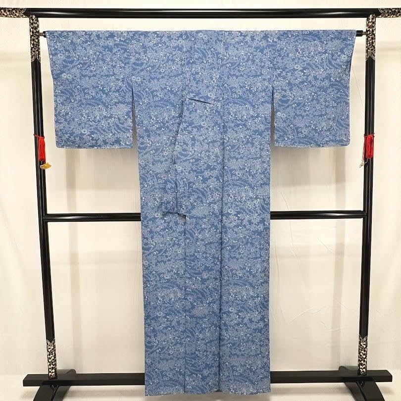 ゆりのはな 夏の着物 駒絽 小紋 草花模様 青色系 正絹 夏